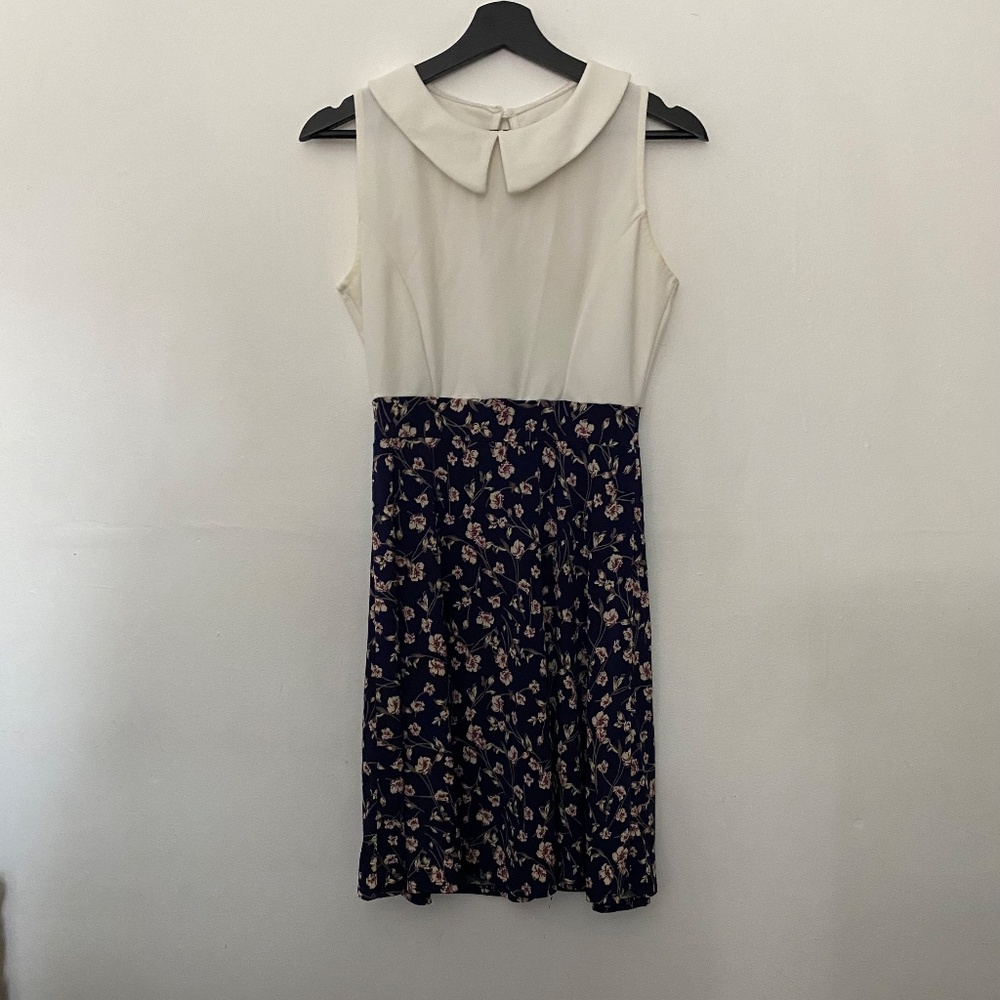 Floral Peter Pan Collar Sleeveless Fit and Flare Dress Navy White XS